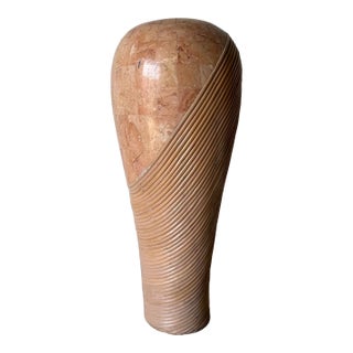 1980’s Vintage Maitland Smith Style Tessellated Stone & Rattan Decorative Vase For Sale