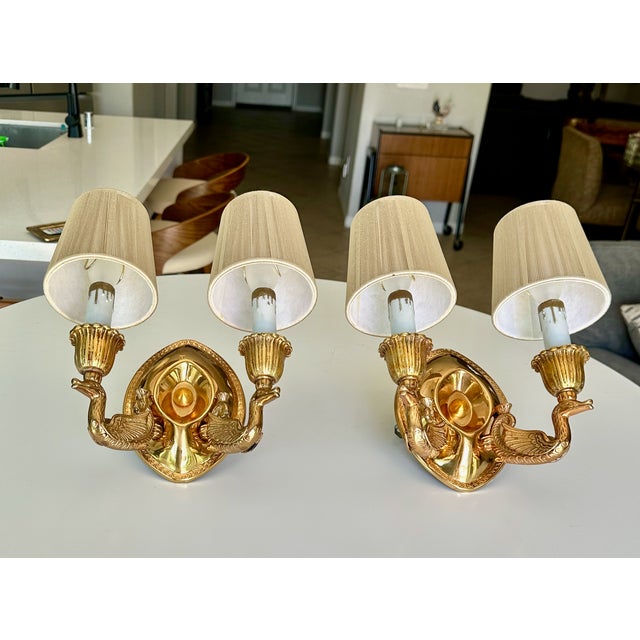 Pair French Empire Style Brass Swan Wall Sconces For Sale In Palm Springs - Image 6 of 15