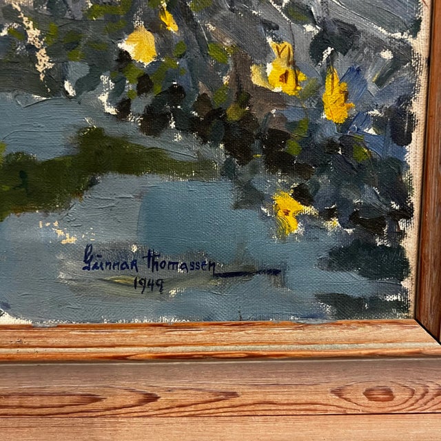 Mid Century Courtyard Oil Painting Husband and Wife For Sale - Image 12 of 12