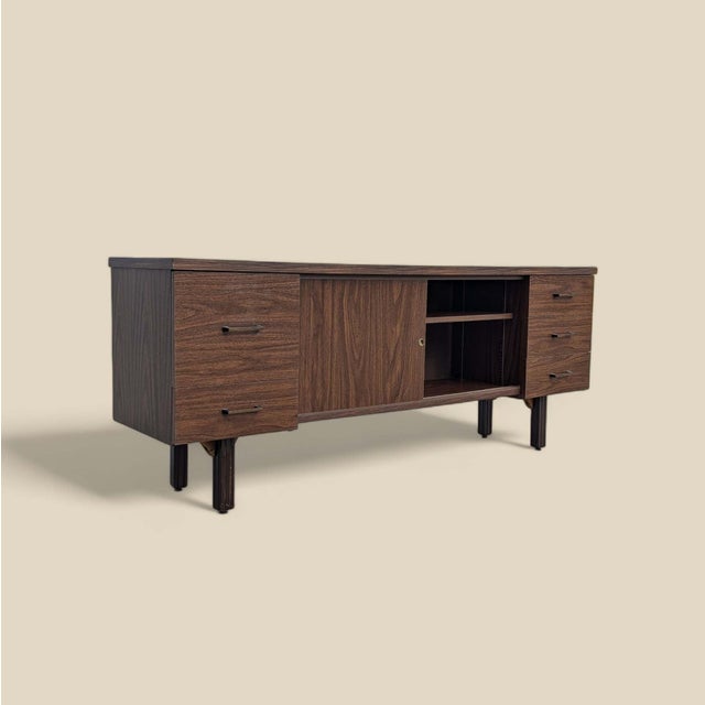 Brown 1970s Mid-Century Walnut-Grain Laminate Credenza For Sale - Image 8 of 18