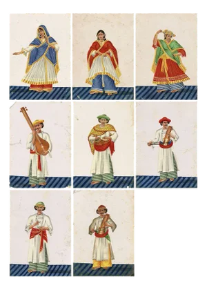 Indian Company School Artist, Musicians & Nautch Dancing Women, Early 19th Century, Gouache on Transparent Mica, Set of 8