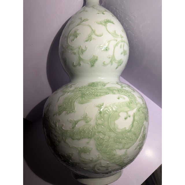 Large 24" Chinoiserie Celadon Porcelain Dragon & Lotus Double Gourd Floor Vase For Sale - Image 10 of 10