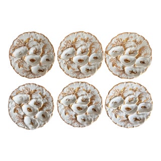 Set/6 Rare Antique French Haviland & Co. Limoges Porcelain Turkey Pattern Oyster Plate 8.75" With Sea Creatures For Sale