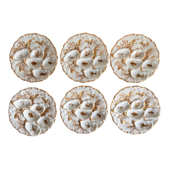 Set/6 Rare Antique French Haviland & Co. Limoges Porcelain Turkey Pattern Oyster Plate 8.75" With Sea Creatures For Sale