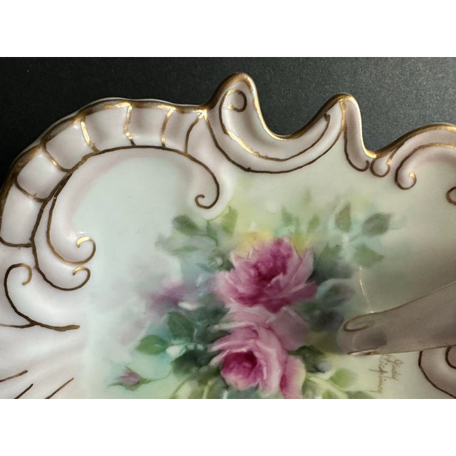 Late 20th Century Twentieth Century Hand Painted Gold Gilt Pink Roses Jewelry Trinket Dish For Sale - Image 5 of 12