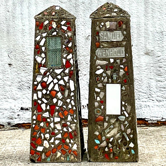 Coastal Vintage Coastal Cement Mosaic Garden Obelisks - a Pair For Sale - Image 3 of 8