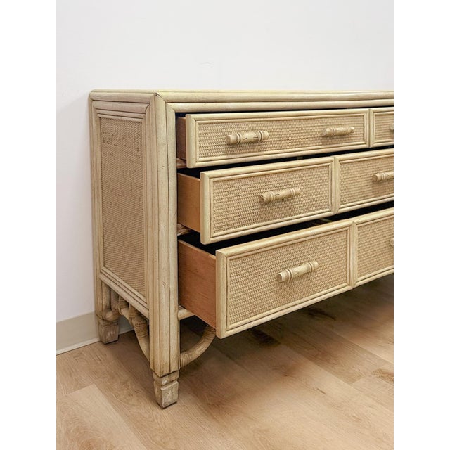 Mid 20th Century Coastal Ficks Reed Style Faux Bamboo Woven Nine Drawer Dresser, Wicker For Sale - Image 10 of 13