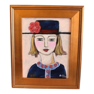 Portrait Oil Painting of a Woman With a Red Flower in Her Hat by Ruth Arenz Including the Antiqued Gold Wood Frame For Sale