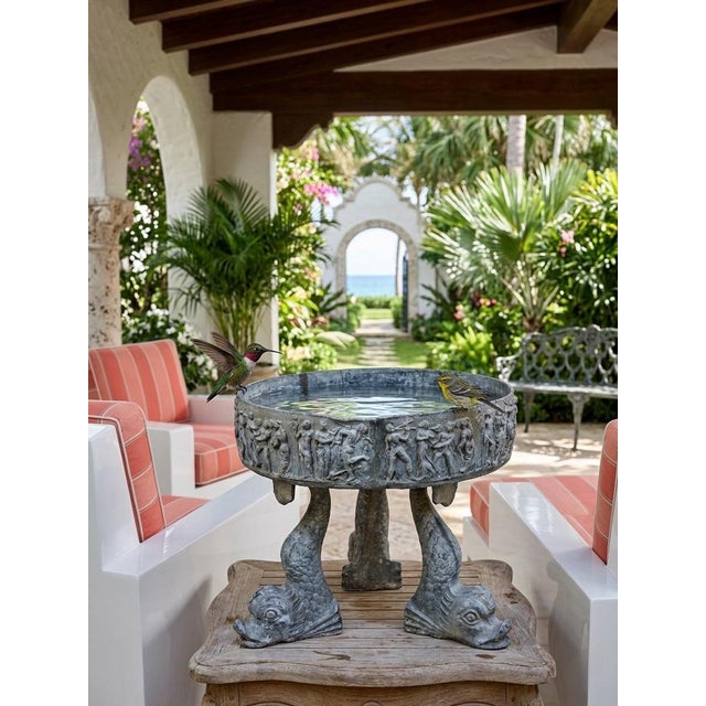 1990s Vintage Neoclassical Relief-Carved Lead Garden Planter on Dolphin Tripod Base For Sale - Image 5 of 10