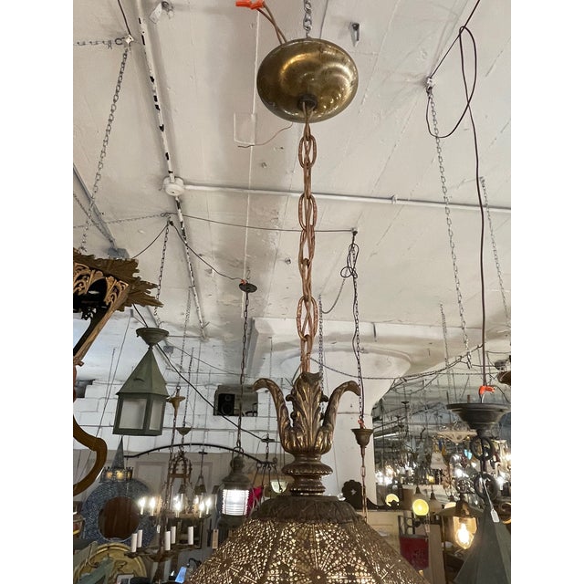 1960s Spanish Brass Four Light Pierced Metal Lace Shade Ceiling Fixture For Sale - Image 4 of 12