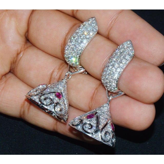 A Pair of Diamond Ruby 18K Solid Gold 3-IN-1 Chandelier Dangle Cluster Earrings For Sale - Image 9 of 10
