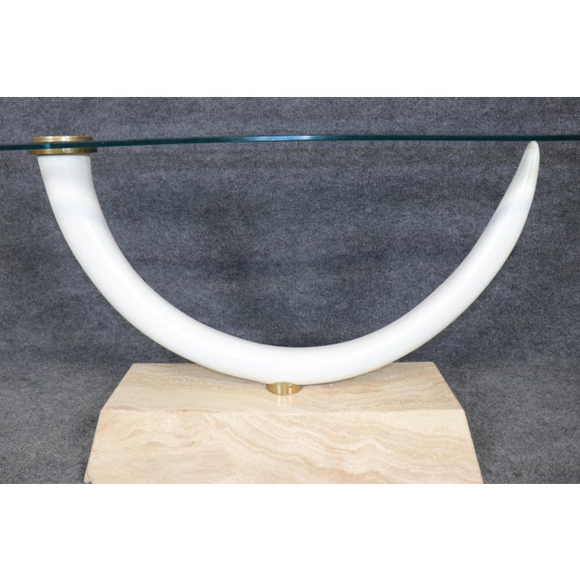 Stone Maison Jansen Attributed Travertine Brass & Glass Tusk Style Console Table For Sale - Image 7 of 10