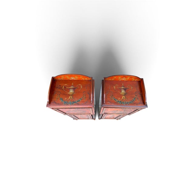 Wood Pair of English Adam Revival Hand-Painted Satinwood Pedestal Cabinets For Sale - Image 7 of 11