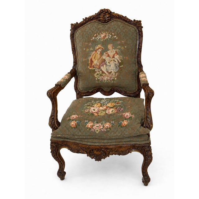 Ornate French Louis XV–Style Carved Wood Armchair With Floral Tapestry Upholstery For Sale - Image 13 of 15