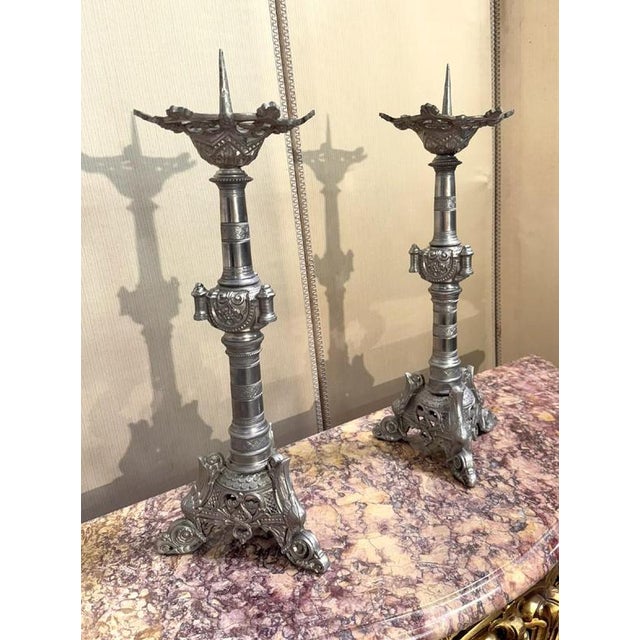 Large Silver-Plated Bronze Candlesticks, 1800s, Set of 2 For Sale - Image 4 of 8