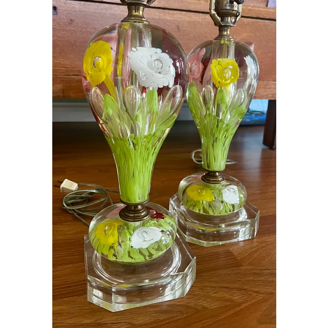 Mid-Century Modern Vintage St. Clair House of Glass Paperweight Lamps Orig. Morlee Shades - a Pair For Sale - Image 3 of 6
