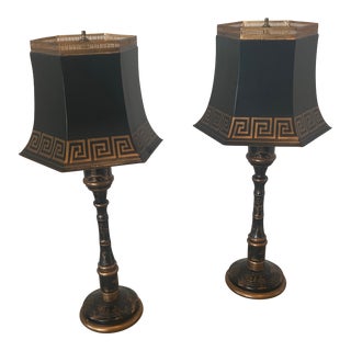 Pair of Black Chinoiserie Lamps With Metal Shades For Sale