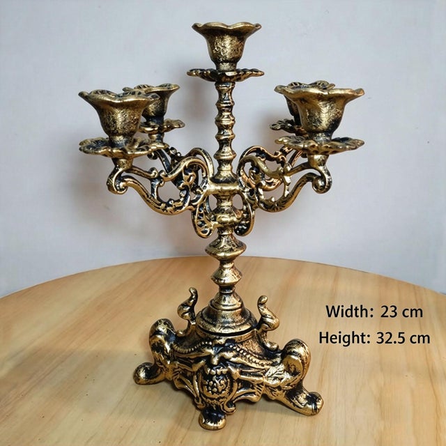 Ornate Gold Cast Iron Candelabra – 12.8" Five-Arm Candle Holder For Sale - Image 9 of 9