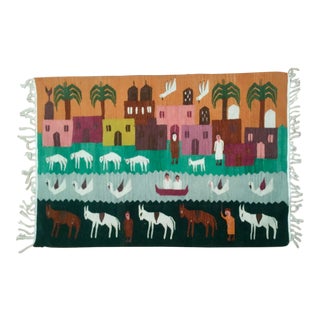 Cityscape & Animal Motif Woven Wool Tapestry For Sale