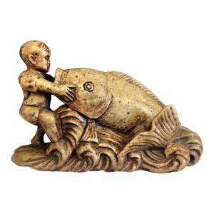 Chinese Stone “Abundance” Sculpture of Young Boy & Carp