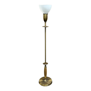 Mid-Century Brass and Walnut Floor Lamp With Glass Shade