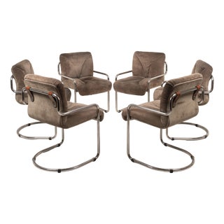 Italian Astro Chrome and Taupe Suede Armchairs by Guido Faleschini for I4 Mariani, 1979, Set of 6 For Sale