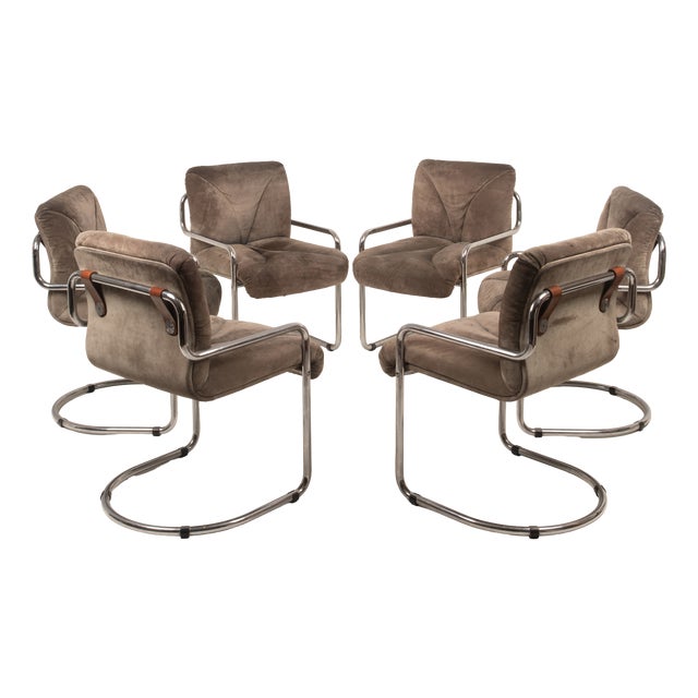 Italian Astro Chrome and Taupe Suede Armchairs by Guido Faleschini for I4 Mariani, 1979, Set of 6 For Sale