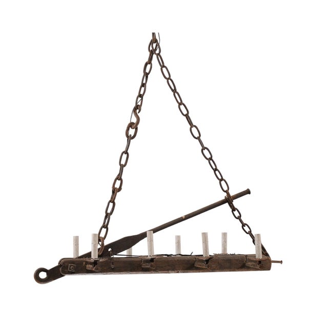 Oxblood Red Mid 20th Century French Oblong Wood & Iron Chandelier For Sale - Image 8 of 11
