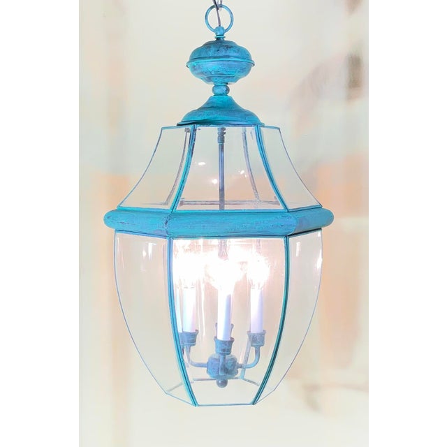 American Large Vintage Solid Brass Hanging Lantern/Light Fixture-27”High X 15”.5 Wide For Sale - Image 3 of 12