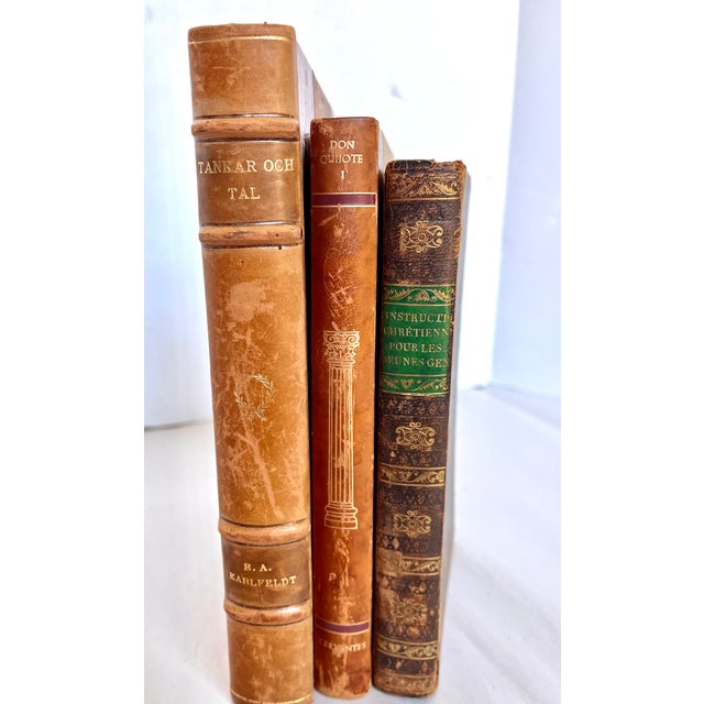 French Antique French/Swedish Leather Bound Books - Set of 3 For Sale - Image 3 of 15