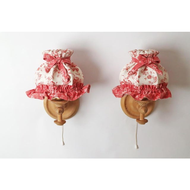 Swedish Pinewood Wall Lamps with Floral Textile Shades, 1970s, Set of 2 For Sale - Image 17 of 18