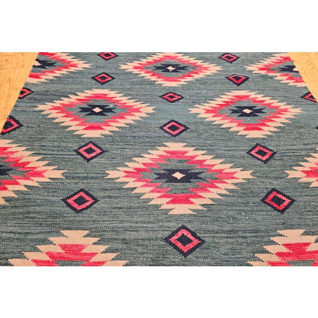 Textile Vintage Southwestern Kilim Rug, Flat-Woven Wool, Geometric Pattern, Green & Red, 4x5 For Sale - Image 7 of 13