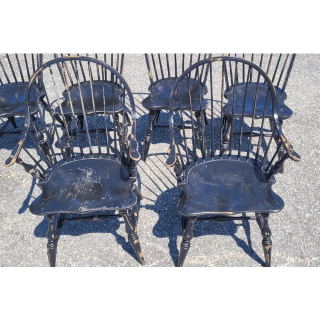 Vintage Set 6 Rustic Black Painted Windsor Chairs For Sale In Philadelphia - Image 6 of 13