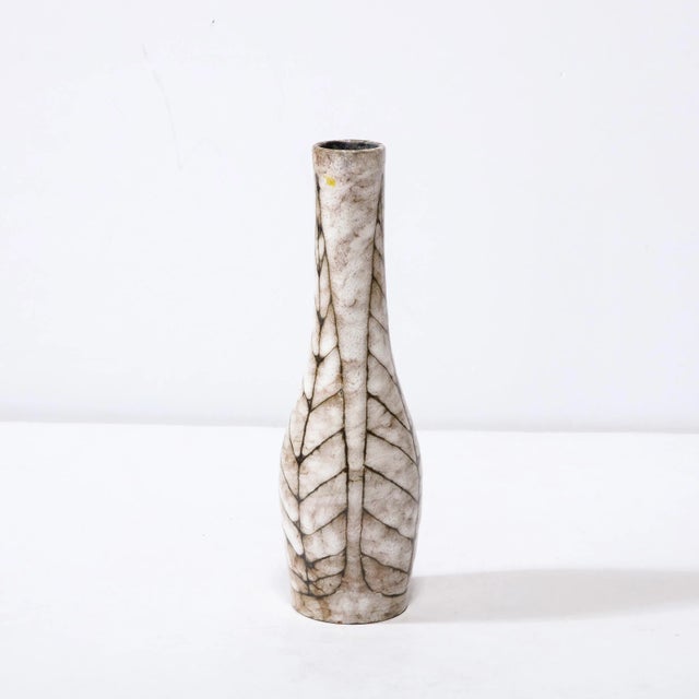 1960s Mid-Century Modernist White and Earth Toned Tapered Ceramic Vase With Leaf Motif For Sale - Image 5 of 13