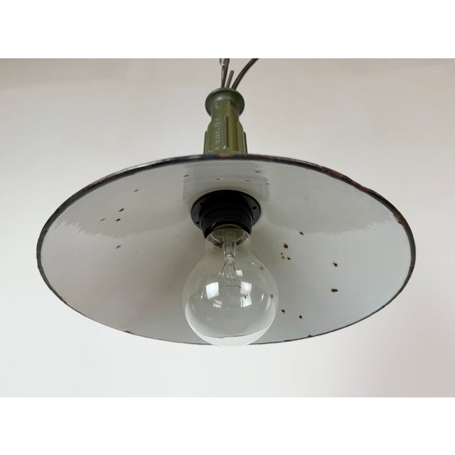 Industrial Petrol Enamel Military Pendant Lamp with Cast Aluminium Top, 1960s For Sale - Image 6 of 17