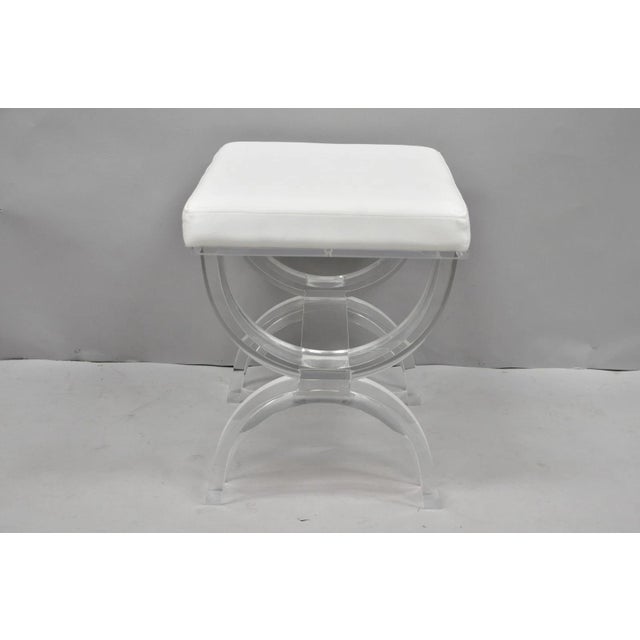 White Contemporary Modern Lucite Acrylic X-Form White Vanity Bench Stool Seat For Sale - Image 8 of 15