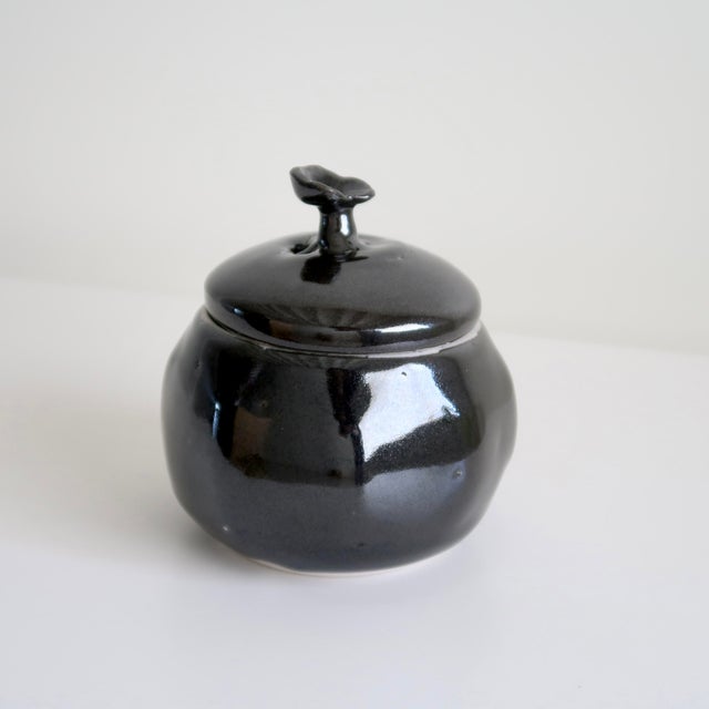 Signed Studio Pottery Lidded Ceramic Round Jar With Abstract Floral Finial in Monochromatic Black Glaze For Sale - Image 4 of 16