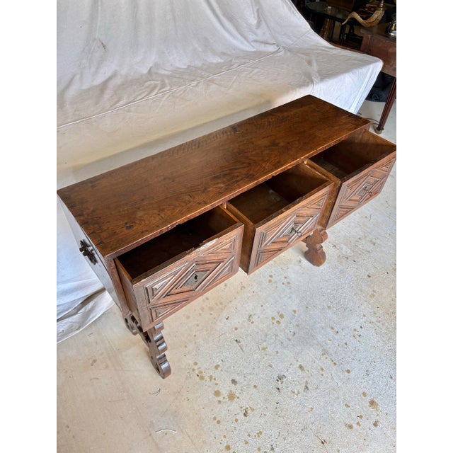 18th Century Spanish Walnut and Iron Three Drawer Console Table For Sale - Image 6 of 15