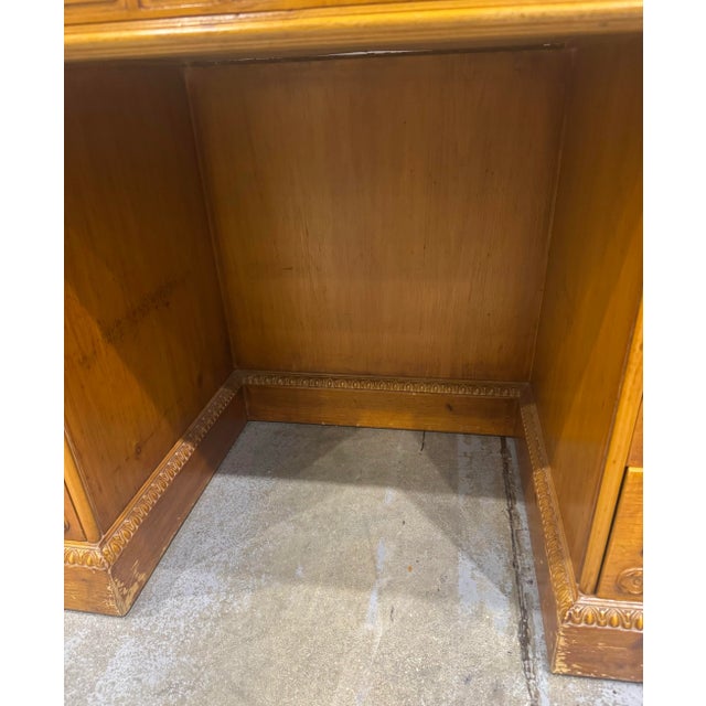 Mid 20th Century Fine Vintage Sligh Furniture Greek Key Leather Top Bookcase Front Knotty Pine Desk For Sale - Image 5 of 12