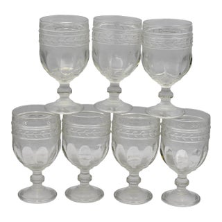 Antique c.1800 Eapg Glass Stippled Ovals Banded Arrow Wine Tea Water Goblets - 7 Pieces For Sale