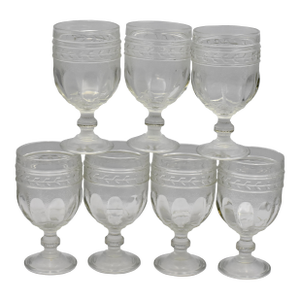 Antique c.1800 Eapg Glass Stippled Ovals Banded Arrow Wine Tea Water Goblets - 7 Pieces