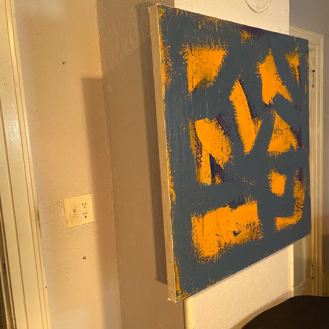 Abstract John Frates “Blue and Yellow” Abstract, Mid Century Modern, 36x36x1 1/2 In. Coa With an Invoice, #1705 For Sale - Image 3 of 6