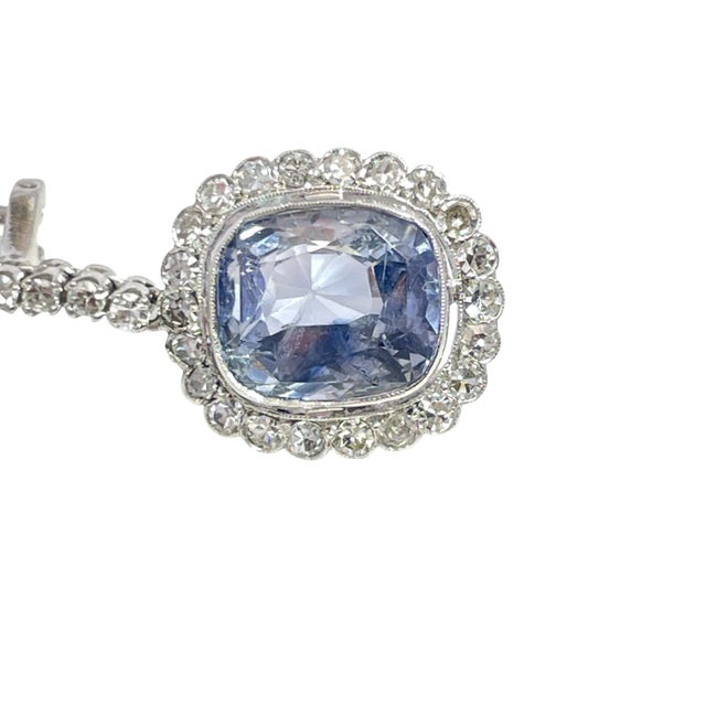 Vintage 10k White Gold Ceylon Sapphire and Diamond Dangle Earrings, Pair For Sale - Image 4 of 7