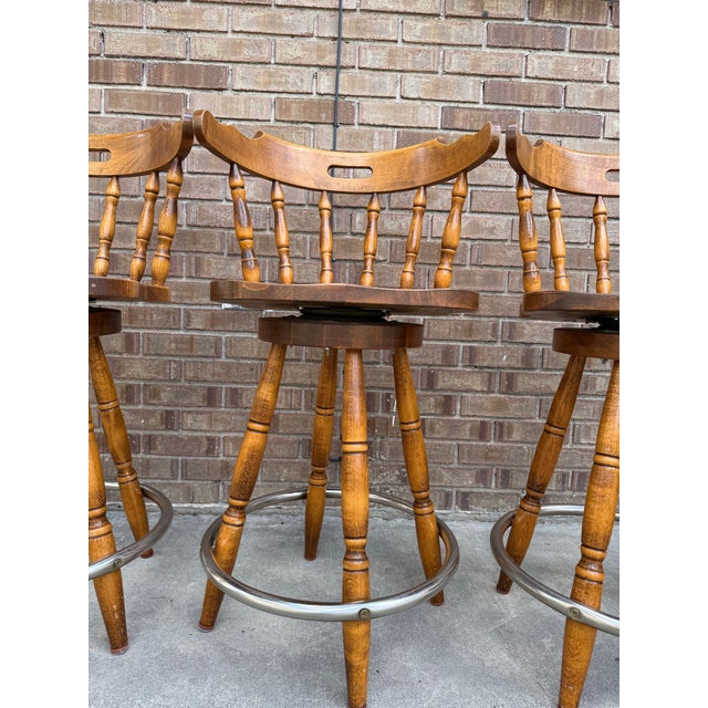 Wood 1960s Set of 3 Solid Wood Spindle Captain’s Chair Stools For Sale - Image 7 of 7