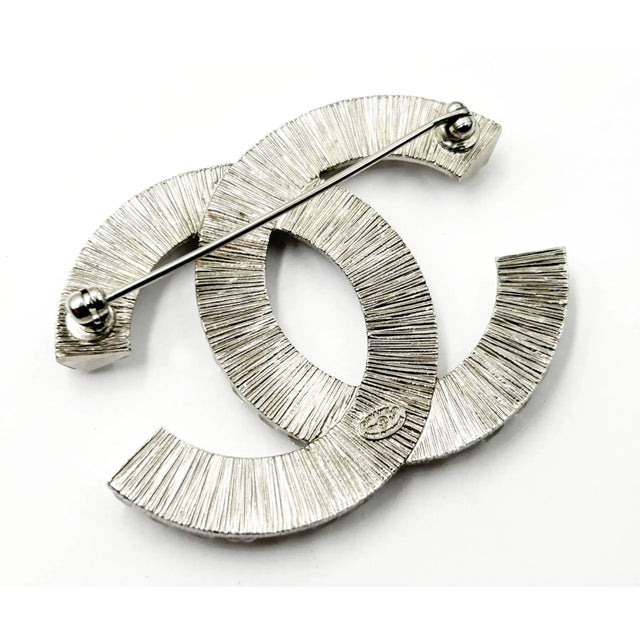 Contemporary Chanel Classic Silver CC Baguette Crystal Brooch For Sale - Image 3 of 3