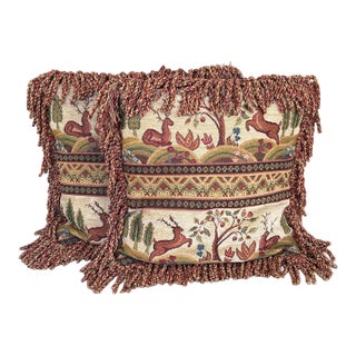 Late 20th Century Tapestry Stag Pillows With Bullion Fringe, a Pair For Sale