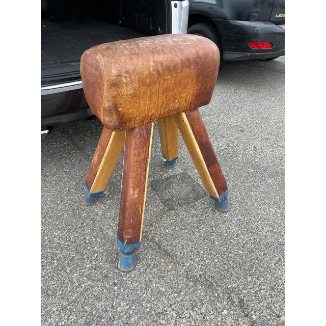 Mid 20th Century Gymnasium Leather Pommel Horse Bench Saddle Holder on Legs For Sale - Image 5 of 12