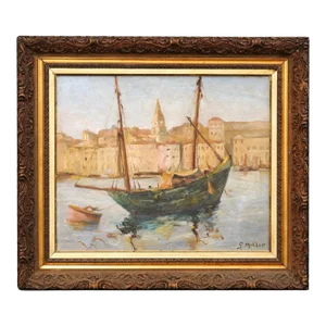 Port de Marseilles, Oil on Isorel Panel Seascape Painting Signed Georges Muller