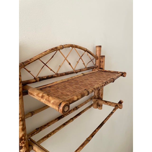 1970s Vintage Boho Scorched Bamboo Wall Shelf Bathroom Organizer For Sale - Image 5 of 8