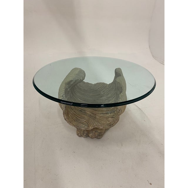 Italian Carved Wood Shell Base Coffee Table With Round Glass Top | Chairish